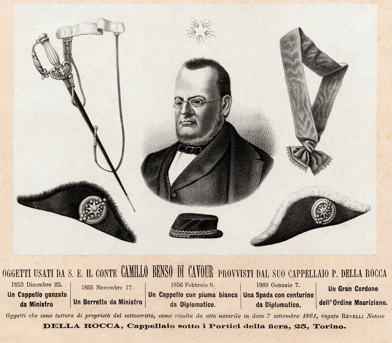 Objets utilisés par Camillo Benso comte de Cavour (1810-1861) - chapeaux et insignes de ses fonctions politiques et diplomatiques, avec le grand cordon de l