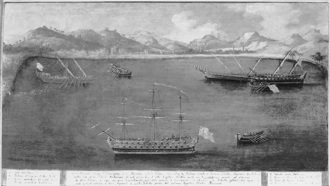 Un des exploits navals du célèbre marin, Mattio Ivanovich da Dobrota, vers 1730 - Italian School