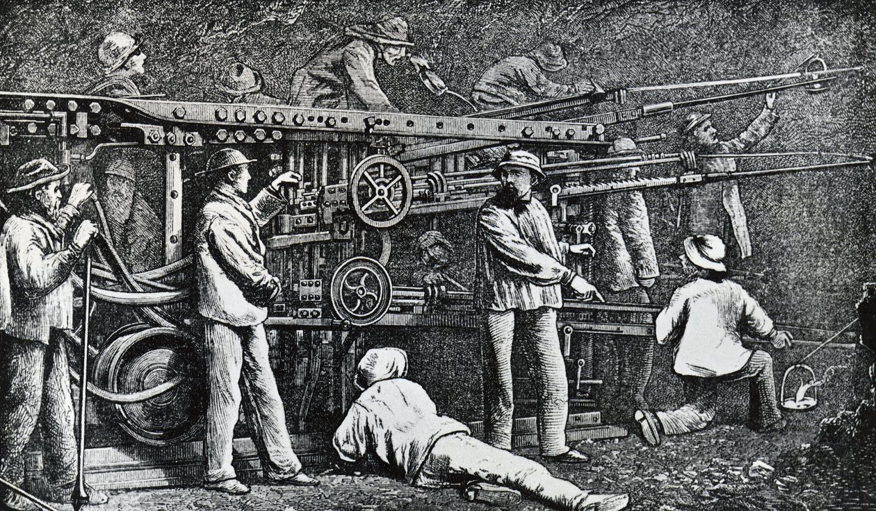 Machine de forage pneumatique créée par Giovanni Battista Piatti et perfectionnée par Germano Sommeiller (1815-1871), gravure, Italie - Italian School