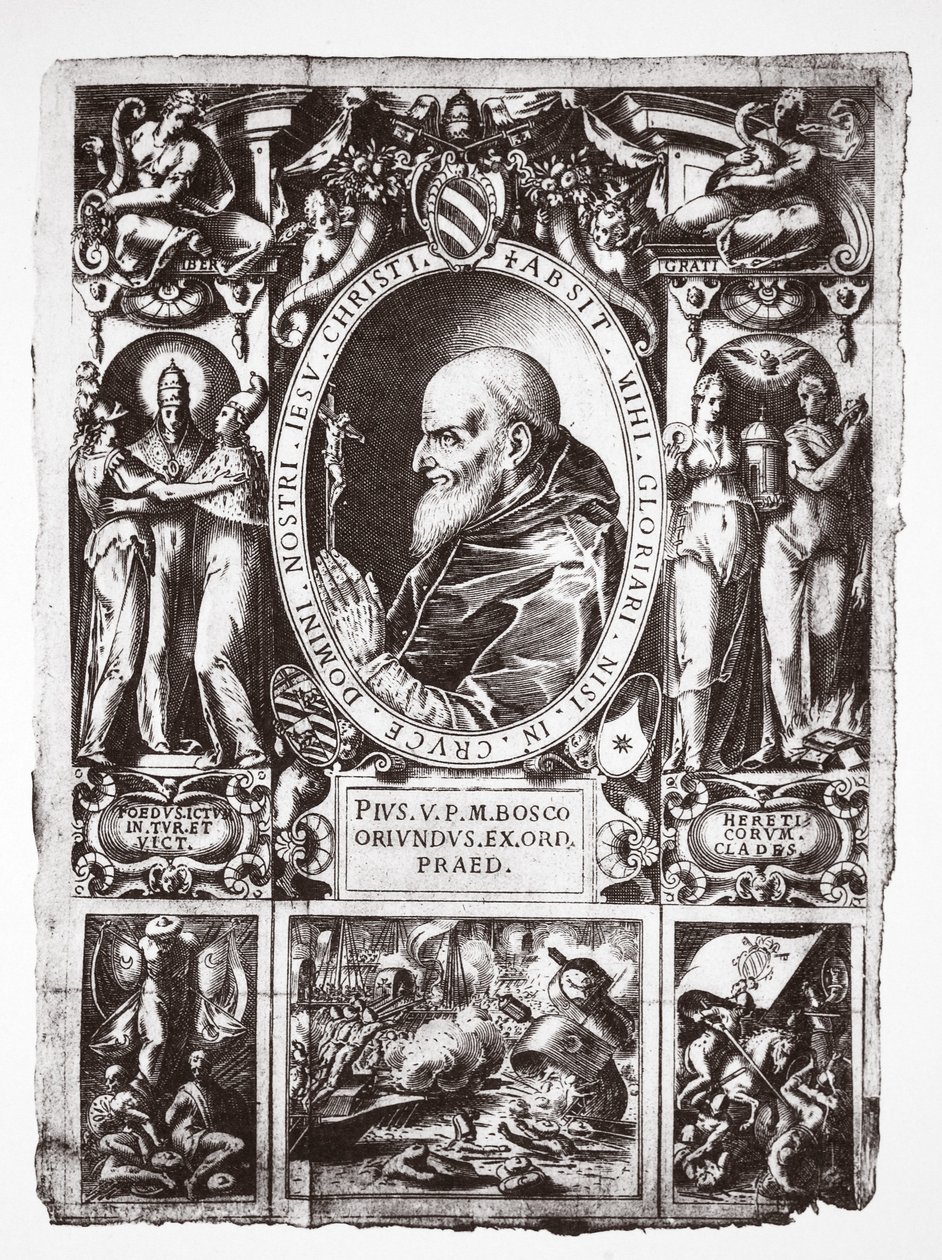 Pape Pie V, avec vignettes de la bataille de Lépante, de Vita del Gloriosissimo Papa Pio Quinto, pub. 1586 - Italian School
