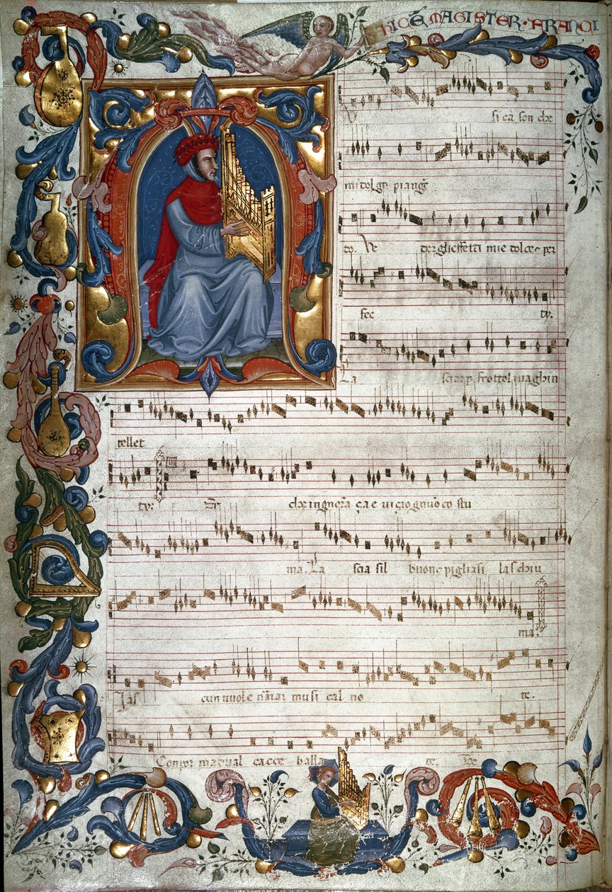 Portrait de Francesco Landino et une partition musicale, illustration du "Codex Squarcialupi", vers 1325-35 - Italian School