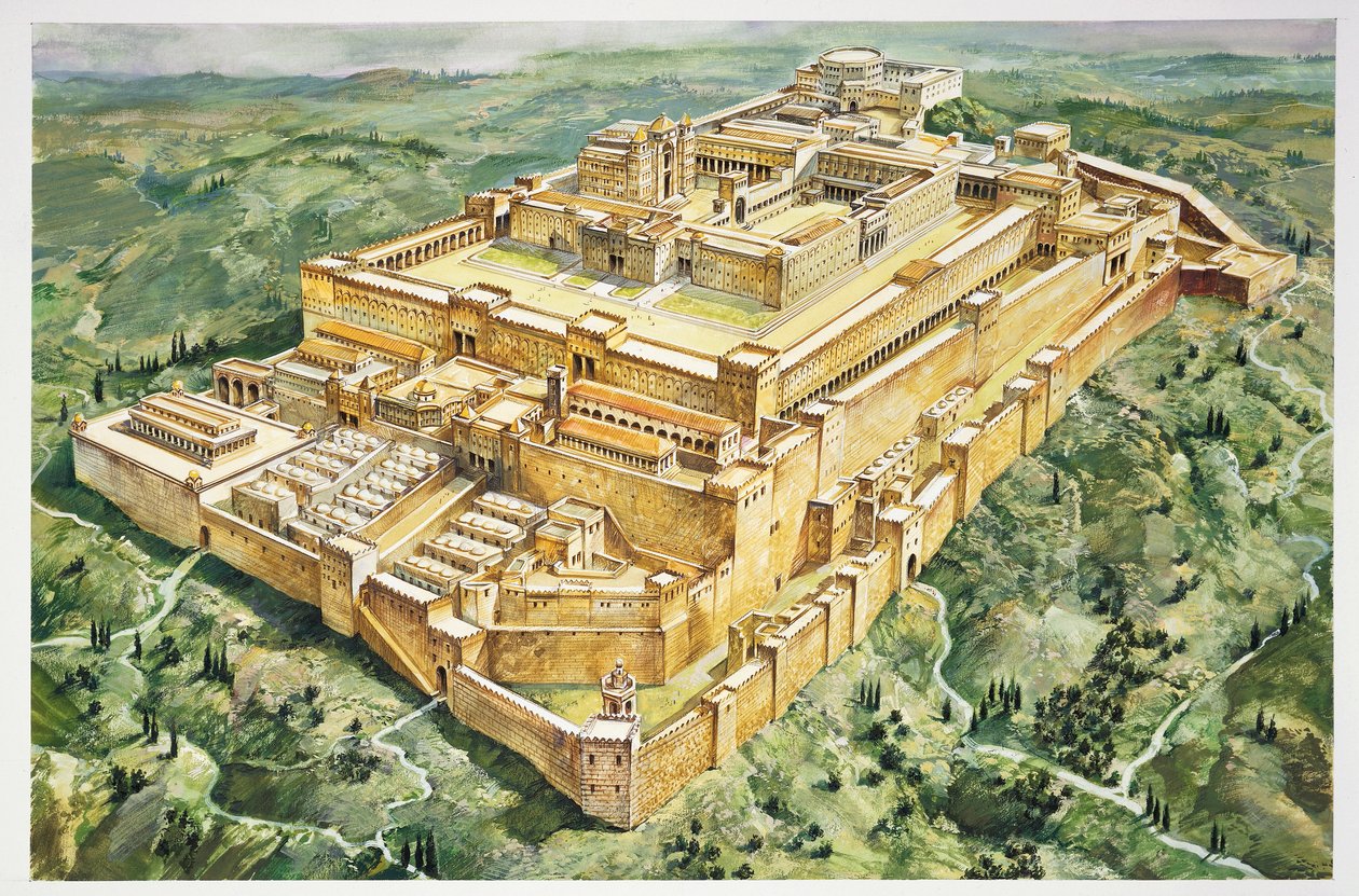Reconstruction du palais de Salomon et du premier temple (lithographie couleur) - Italian School