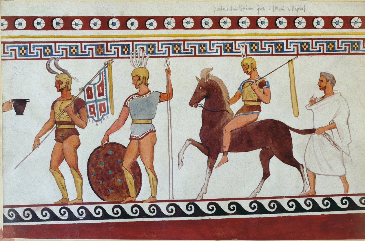Reconstruction de la peinture de tombe de Paestum représentant des soldats et cavaliers grecs - Italian School
