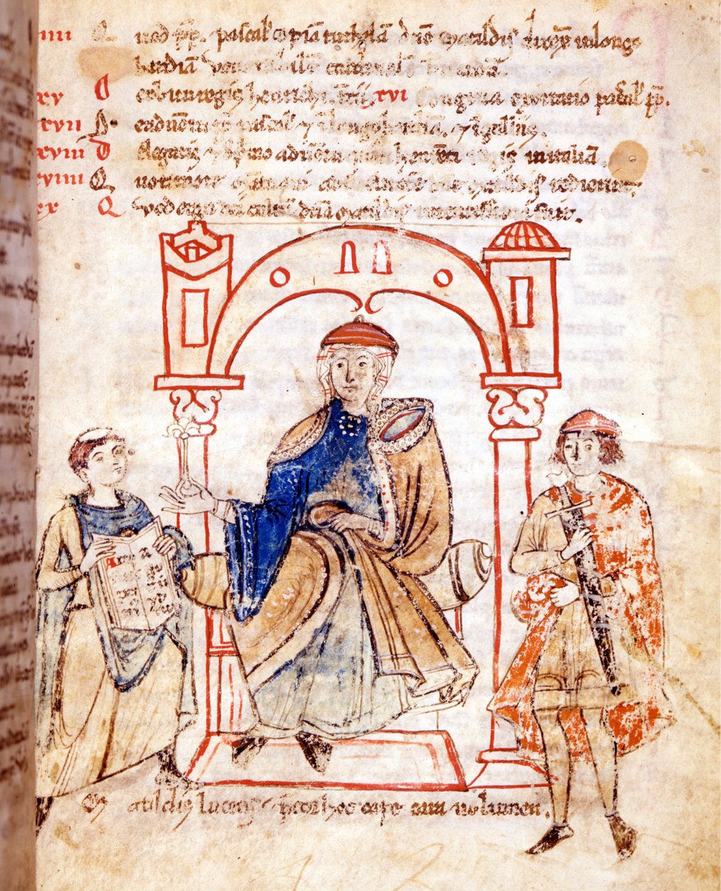 Représentation de la comtesse Mathilde de Canossa (ou comtesse Mathilde de Toscane) (1046 - 1115). « Vitas mathildis » par Donizone. Manuscrit du XIIIe siècle, Lucques, Bibl. Governativa - Italian School