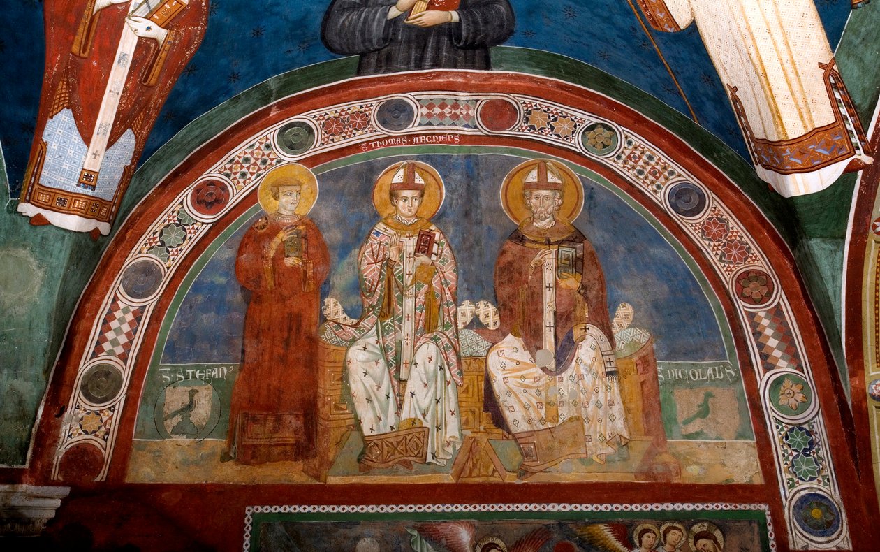 Représentation de Saint Étienne, martyr chrétien, Saint Thomas Becket (1118-1170), archevêque de Canterbury et Saint Nicolas de Myre ou Bari (270-345) Fresque anonyme (13ème siècle) Église inférieure. Monastère de Saint Benedetto (Sacro Speco), Subiaco (Ro - Italian School
