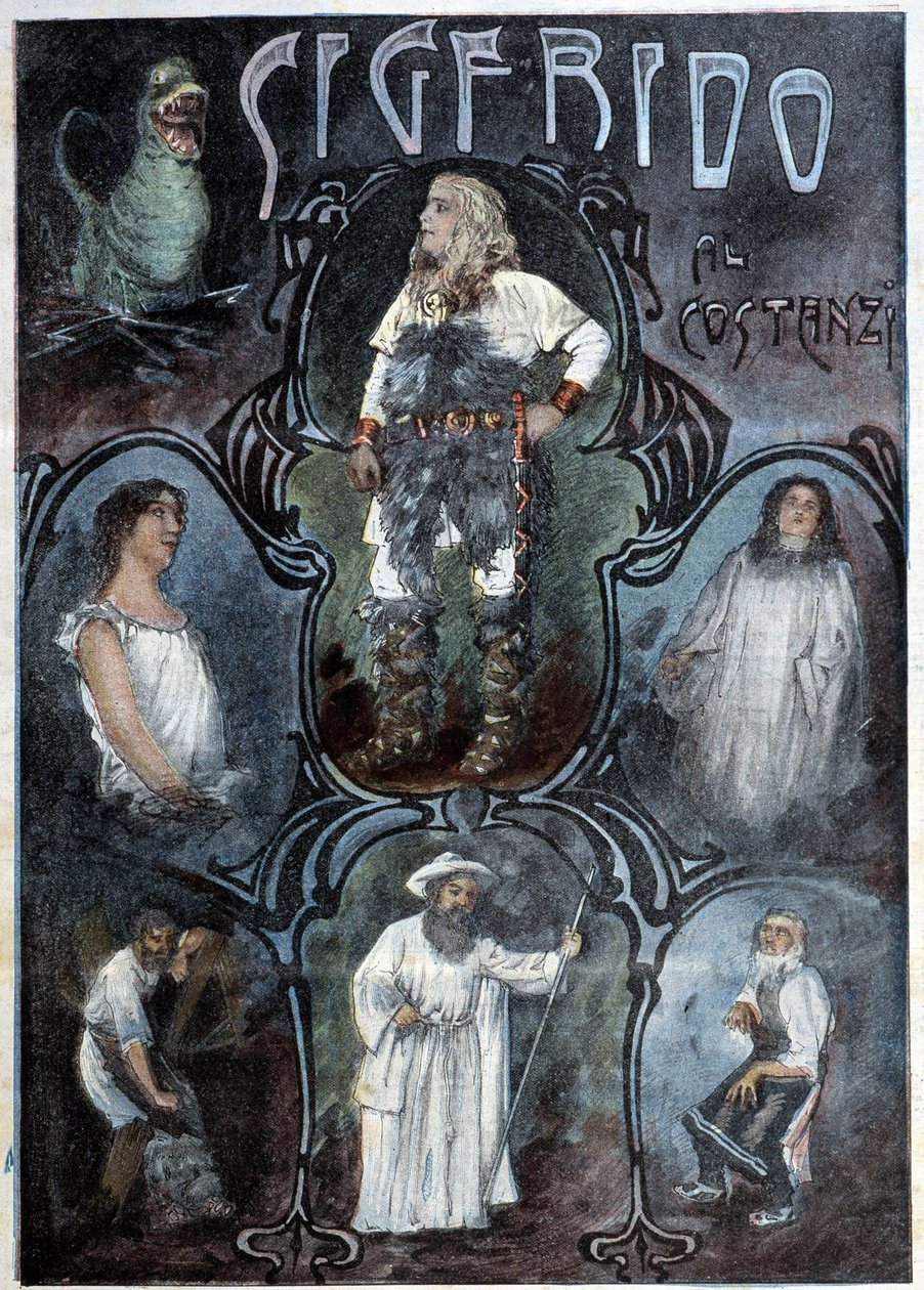 Sigfrido par Al costanzi (Siegfrid ou Siegfried, héros de la mythologie allemande correspondant au Scandinave Sigurd, Opéra de Wagner) - dans "La Tribuna Illustrata" - Italian School