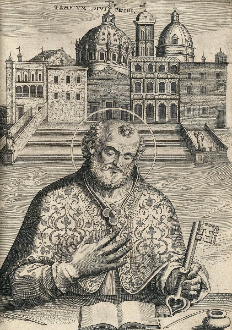 Saint Pierre devant la basilique Saint-Pierre de Septem Urbis Ecclesiae Primariae, pub. 1599 - Italian School