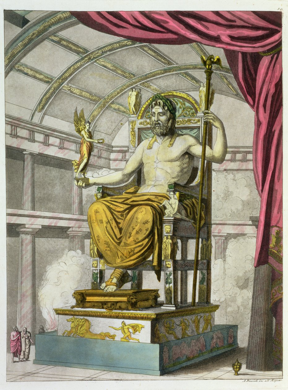 Statue de Jupiter dans un Temple, de Costumi dei Romani, gravée par Angelo Biasioli (1790-1830), c.1805-20 (aquatinte) - Italian School