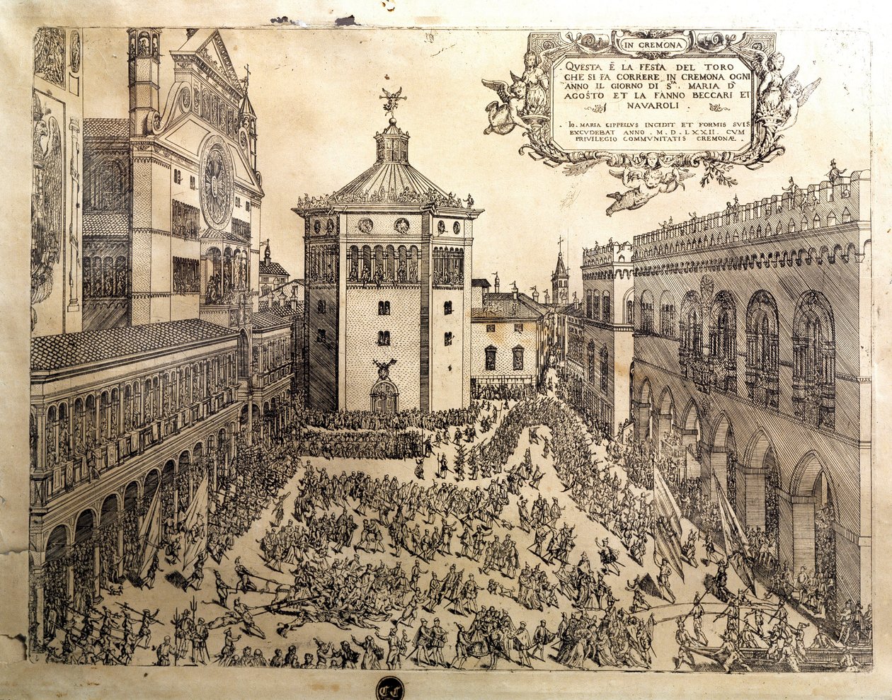 La fête du Taureau sur la grande place de Crémone en Italie. Gravure du XVIe siècle. Crémone, Museo Civico Italie - Italian School