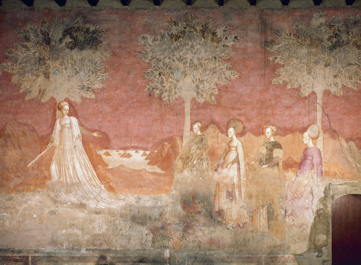 Le jeu de balle, scène du cycle des Jeux, vers 1445-1450, fresque, Palazzo Borromeo, Milan, Lombardie, Italie - Italian School