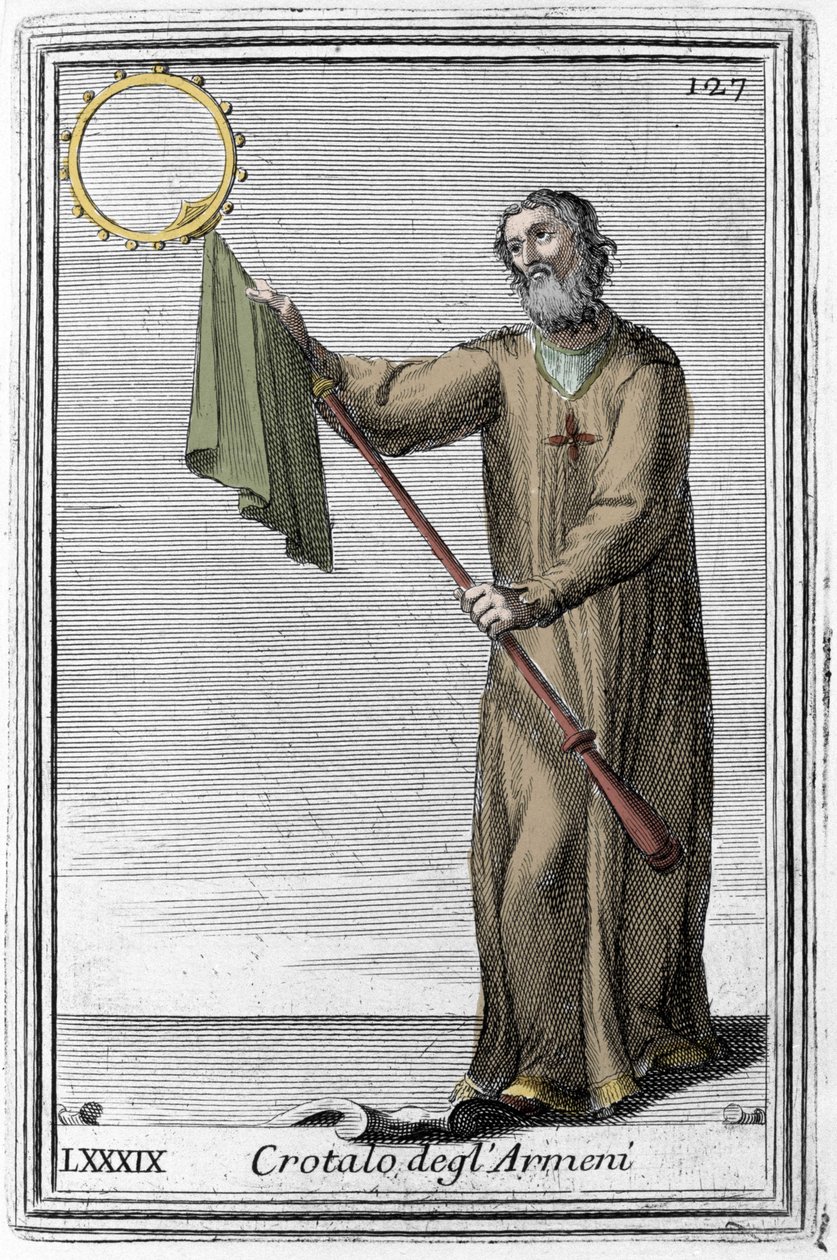 Le serpent à sonnettes des Arméniens : un instrument de musique ancêtre des castagnettes. Gravure de « Gabinetto Armonico pieno d