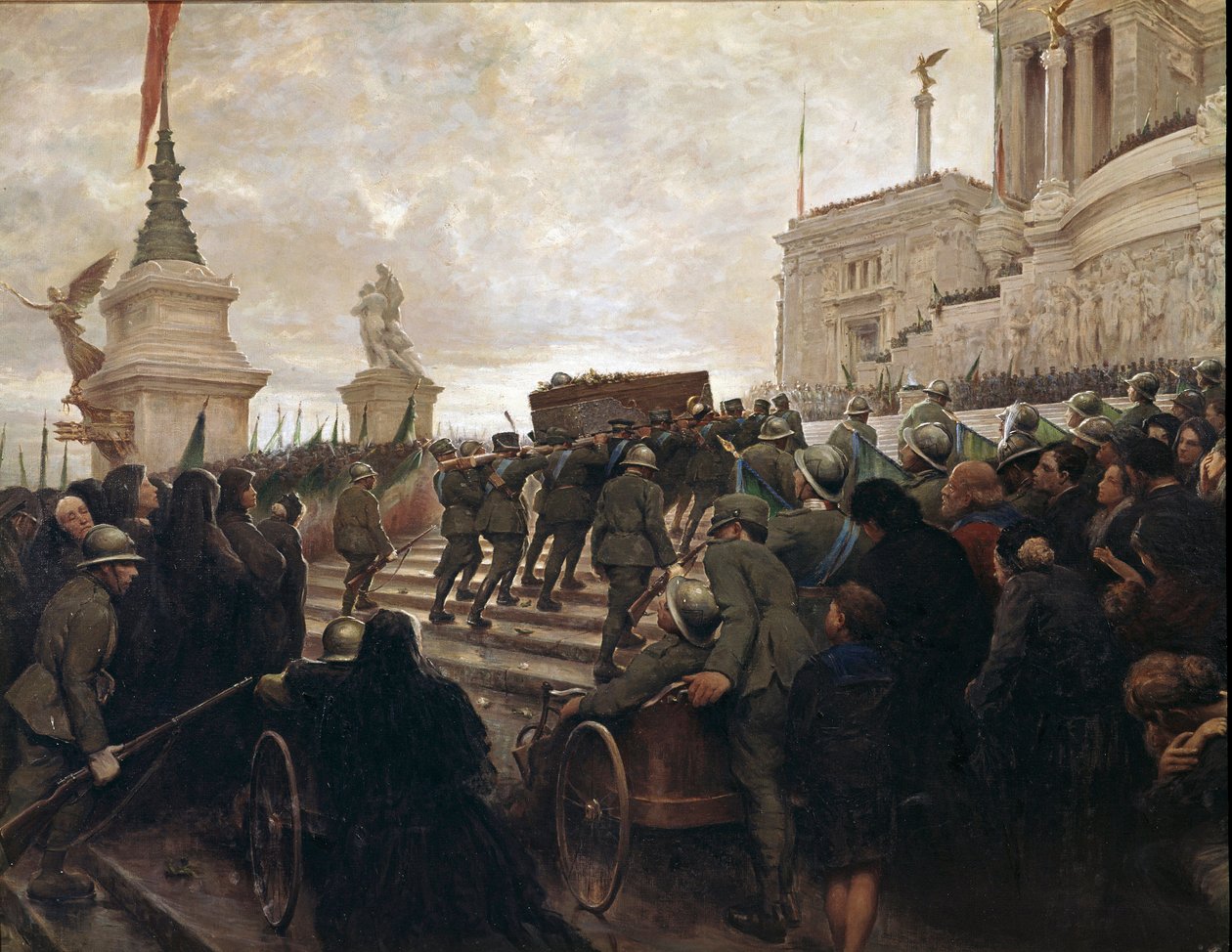 La dépouille du Soldat inconnu est amenée au monument de Vittoriano à Rome le 04/11/1921 (peinture) - Italian School