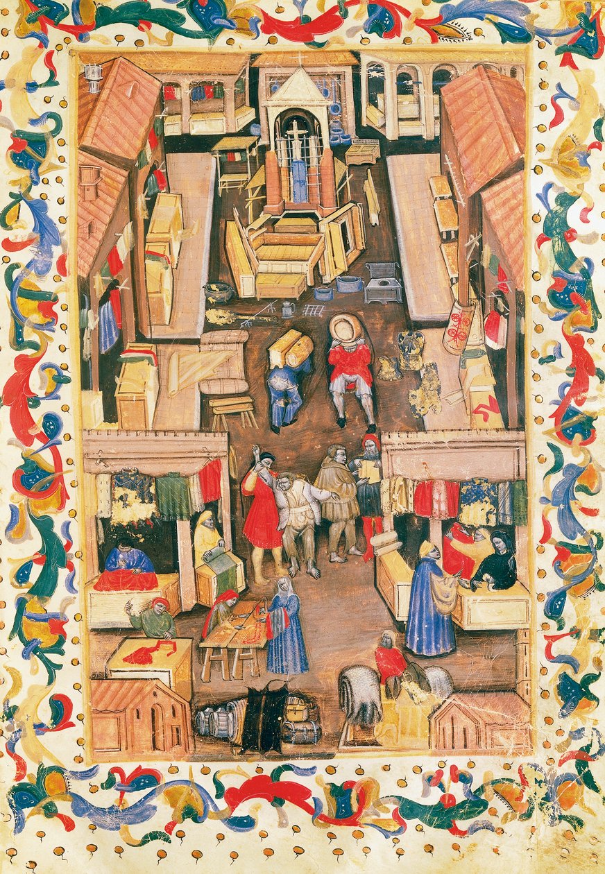 La promenade de la place Ravegnana à Bologne avec marchand de tissus - Italian School