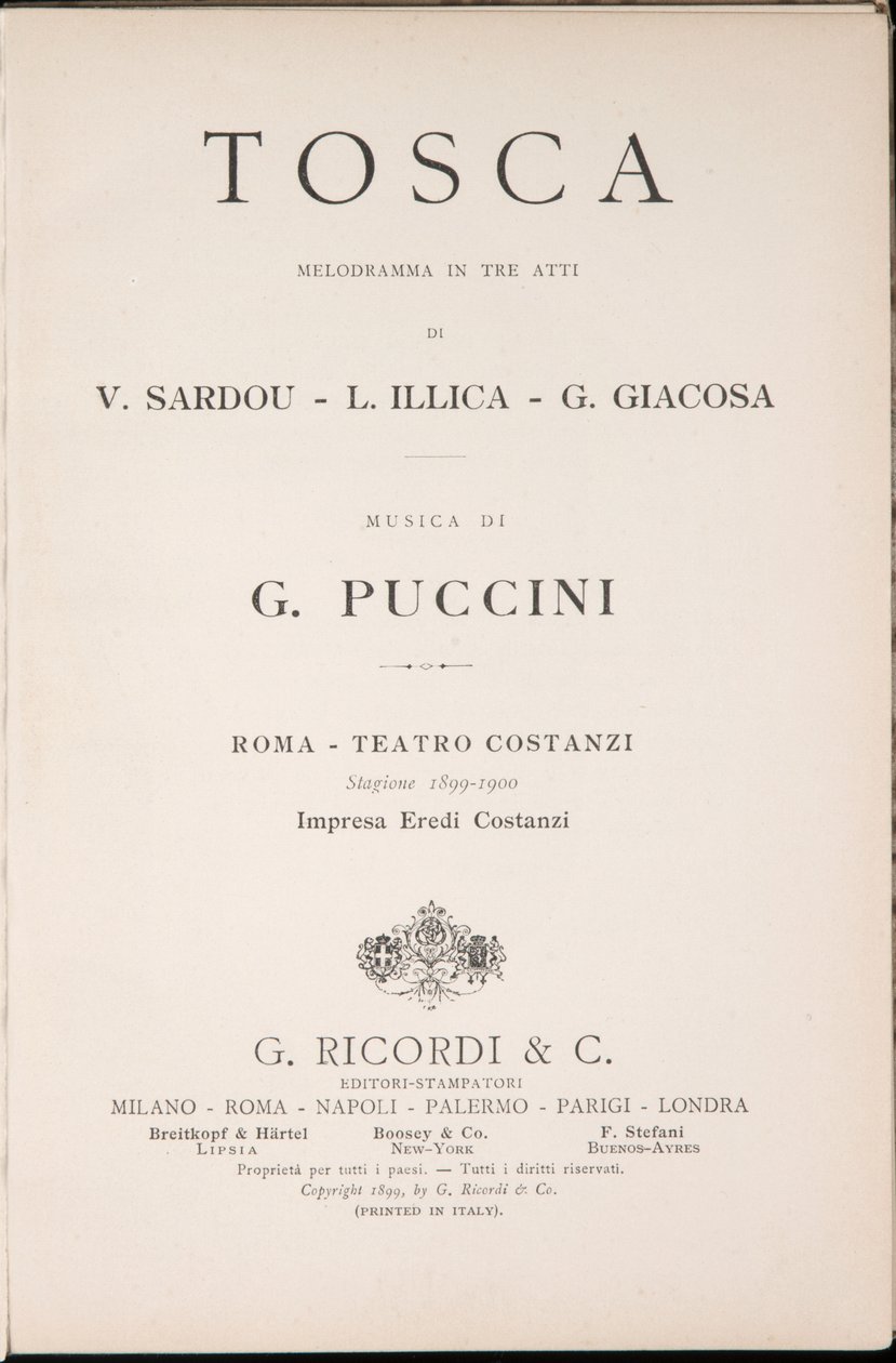 Page de titre, Libretto della Tosca, par Giacomo Puccini, Édition Ricordi, Italie - Italian School