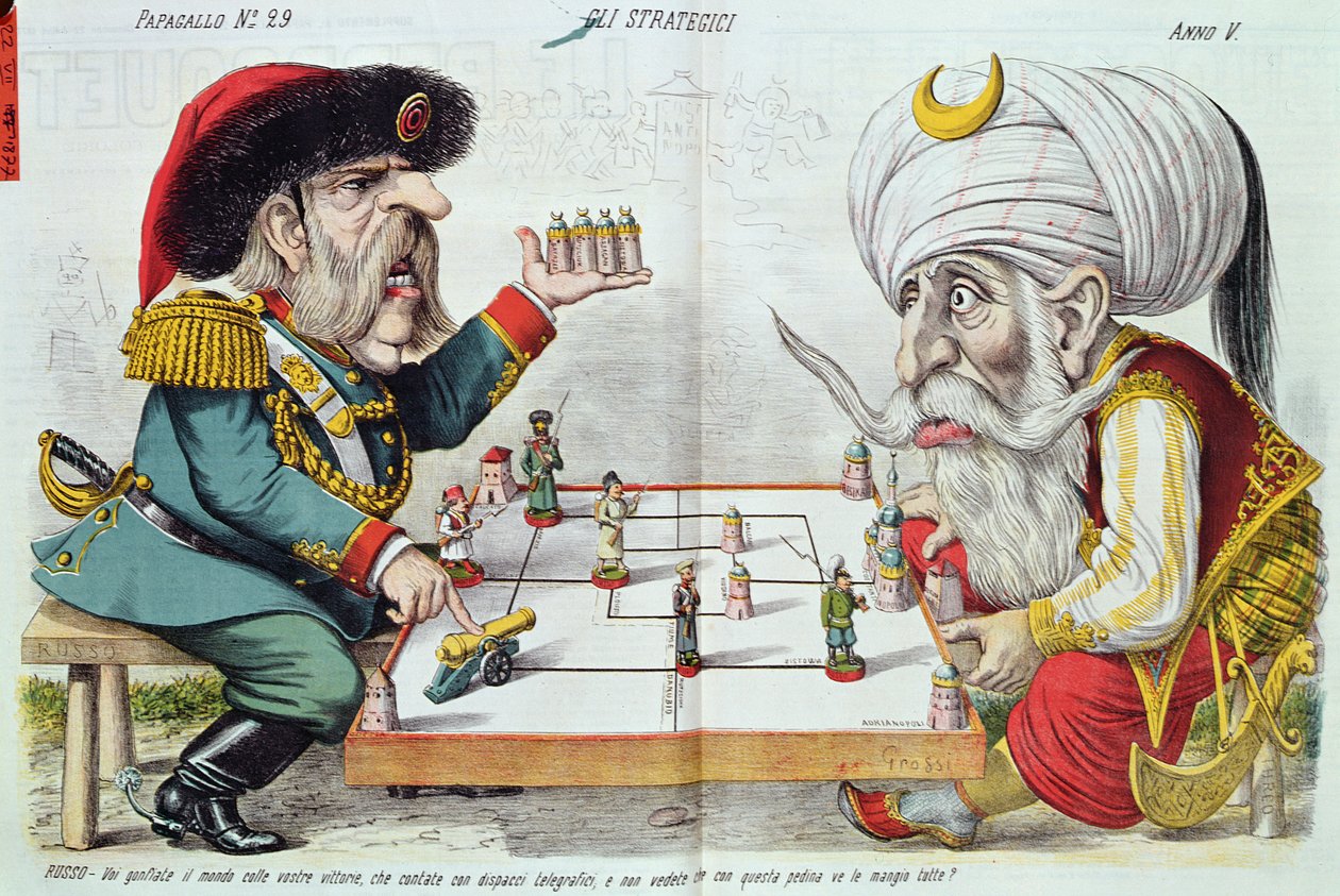 La Turquie et la Russie jouant une partie de stratégie, de Le Perroquet, 1877 - Italian School