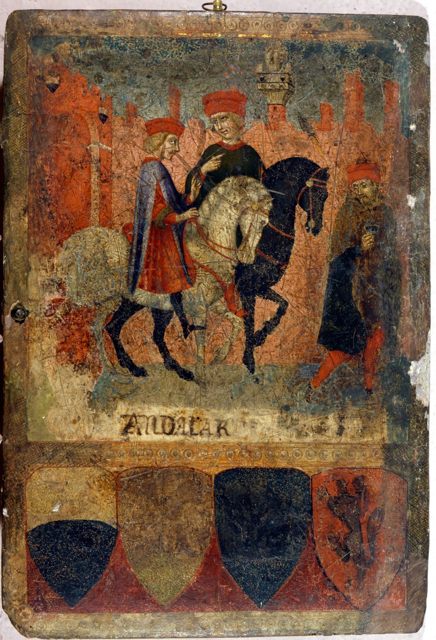Deux inspecteurs des impôts. Biccherna (couverture du registre comptable de la ville de Sienne). Archives nationales - Museo delle Tavolette de Bicherna, Sienne. Fin du 14e - début du 15e siècle. - Italian School