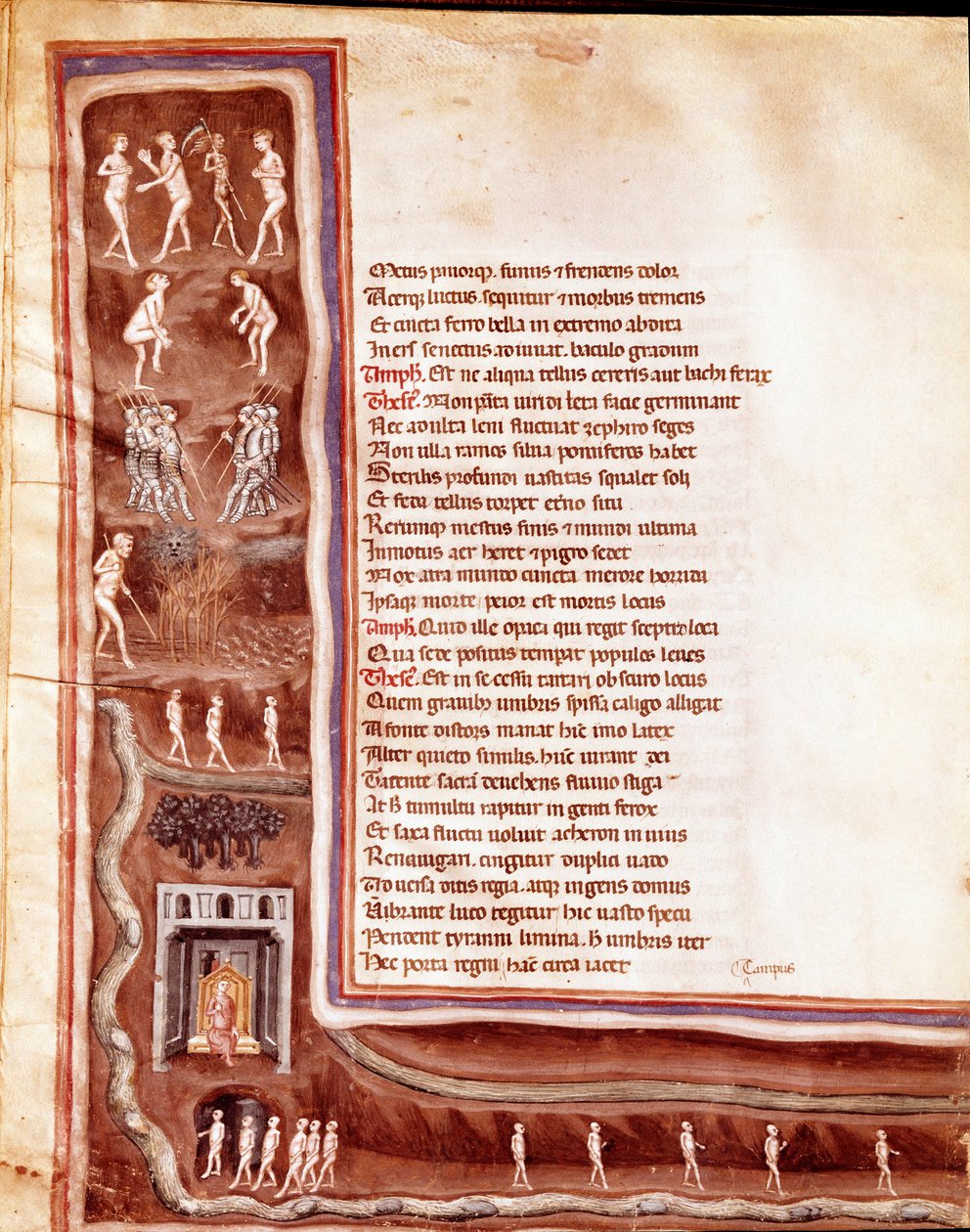 Vue des Enfers, personnages et monstres, âmes errantes dans les cercles des enfers, illustration pour Hercule Furieux de Sénèque (miniature) - Italian School
