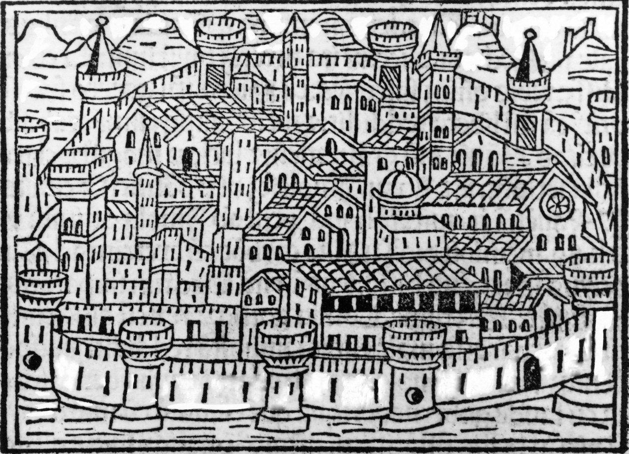 Ville fortifiée tirée du Supplementum Chronicarum par Giacomo Filippo Foresti, 1506 - Italian School