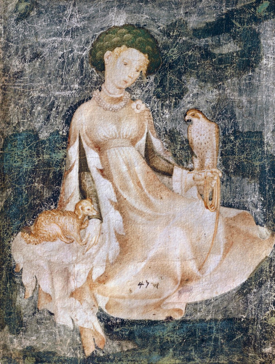 Femme assise par terre avec un chien et un faucon - Italian School