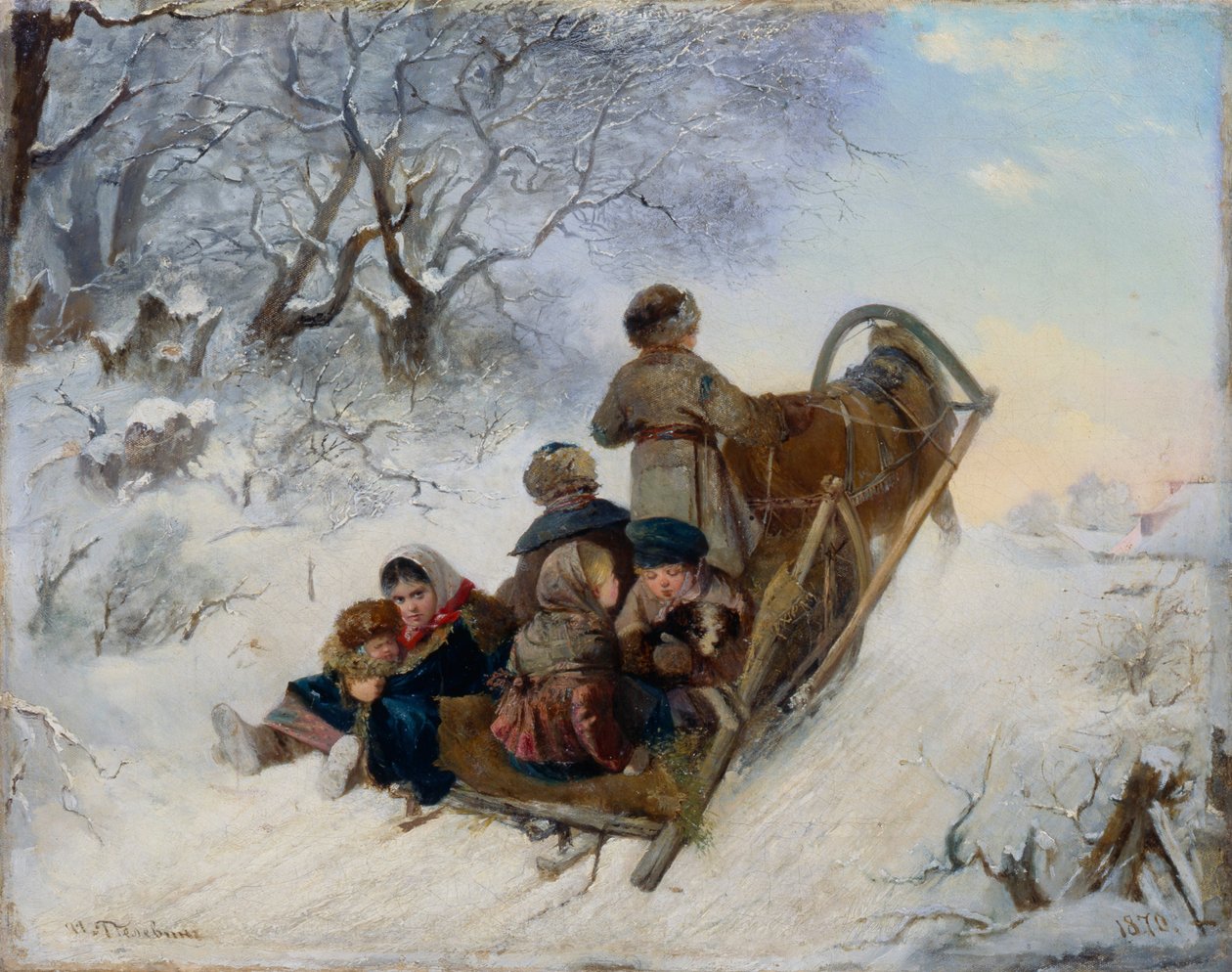Enfants sur un traîneau tiré par des chevaux, 1870 - Ivan Andreyevich Pelevin