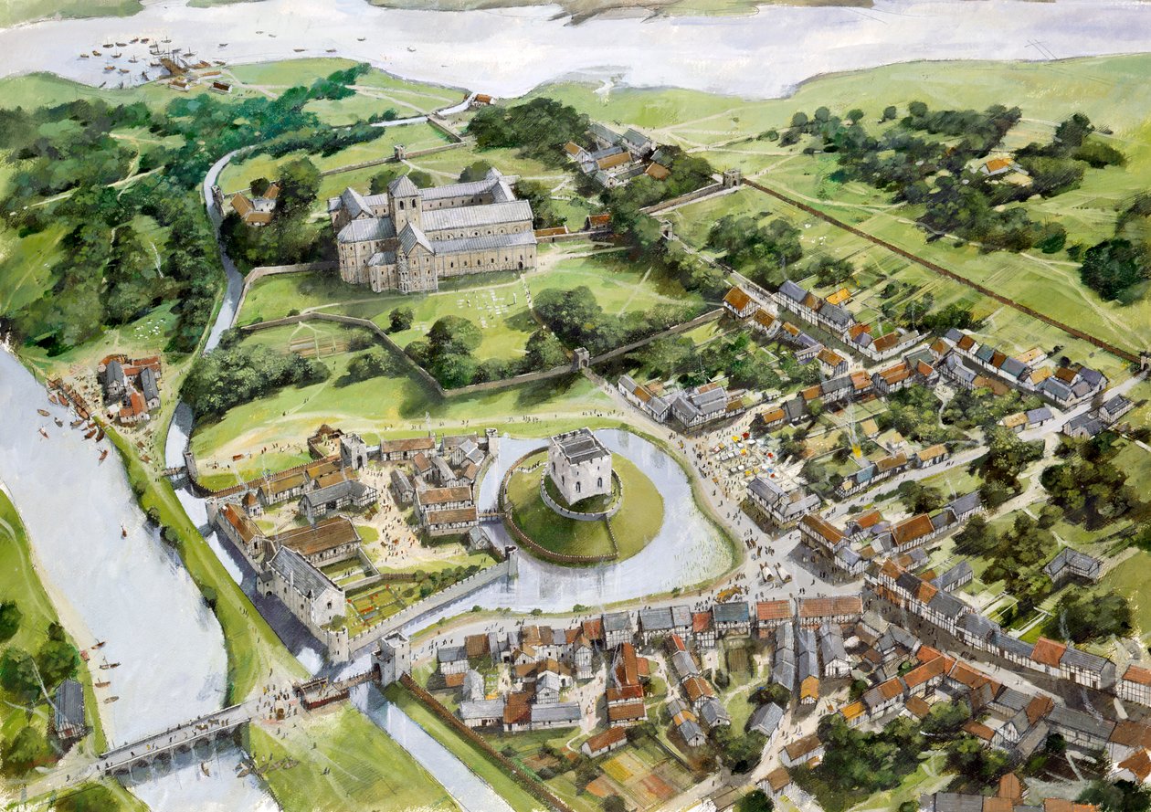 Vue aérienne du château, du port et du prieuré de Christchurch représentés à la fin du XIIe siècle - Ivan Lapper