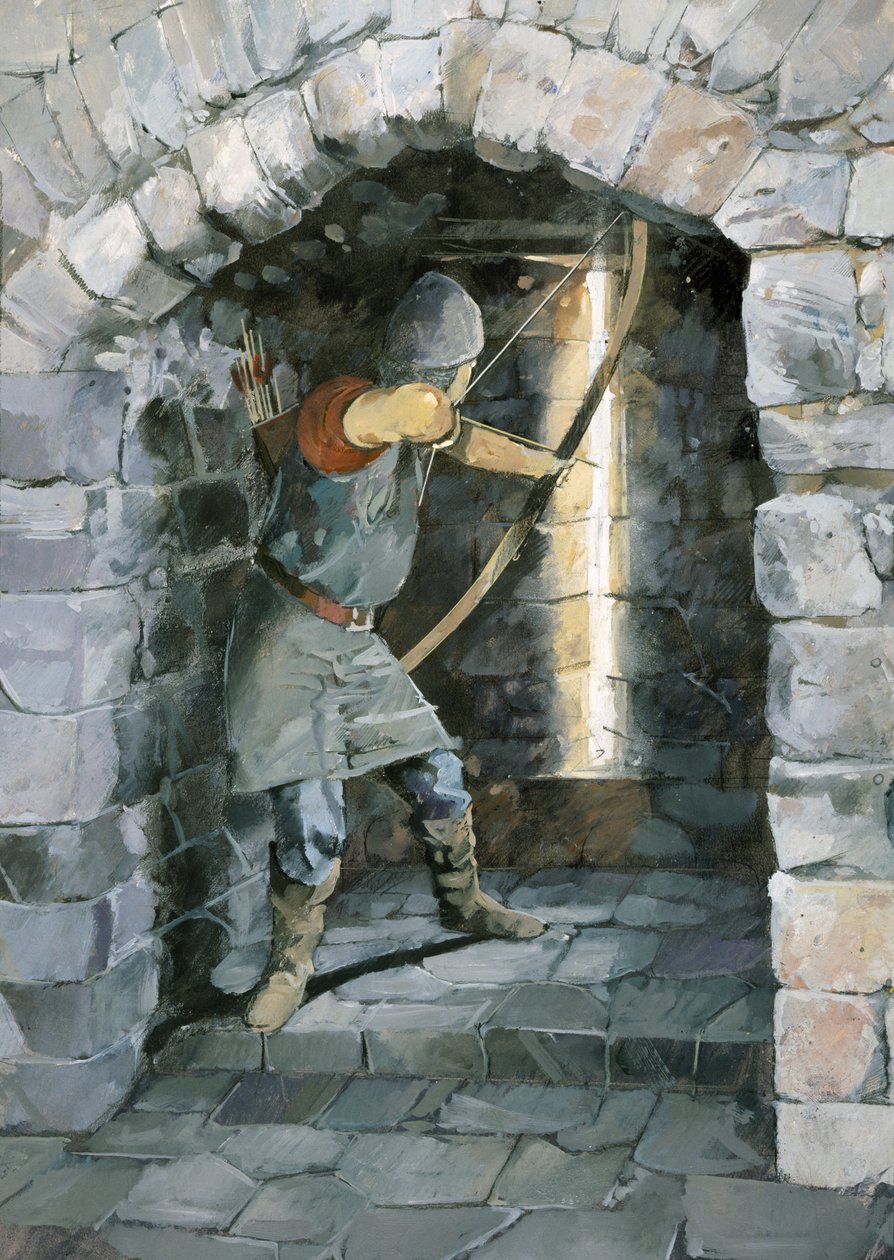 Archer tirant une flèche par la fente, château de Beeston, Cheshire (aquarelle sur papier) - Ivan Lapper