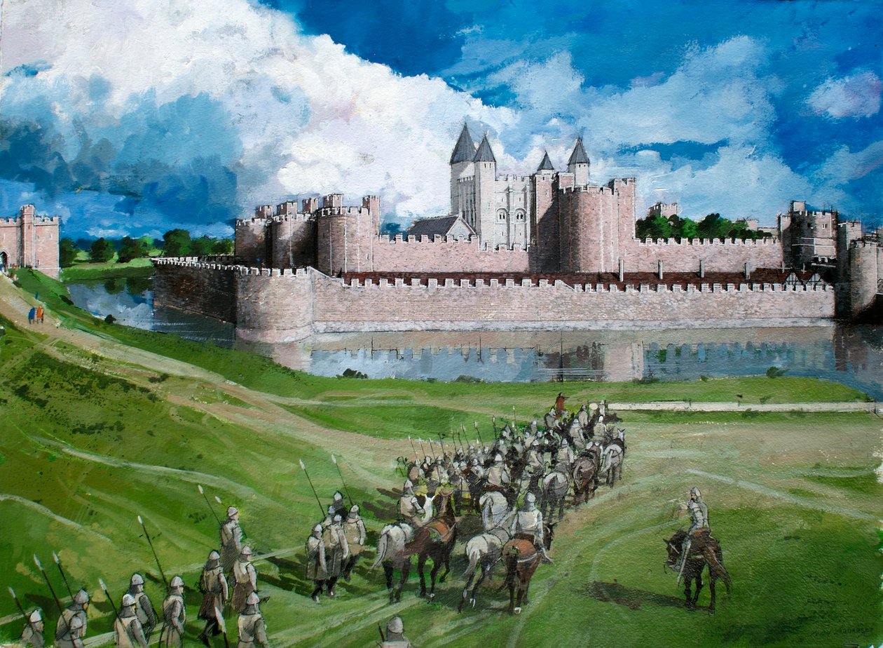 Vue reconstituée de la Tour de Londres, montrant la courtine extérieure achevée par le roi Édouard Ier en 1300 - Ivan Lapper