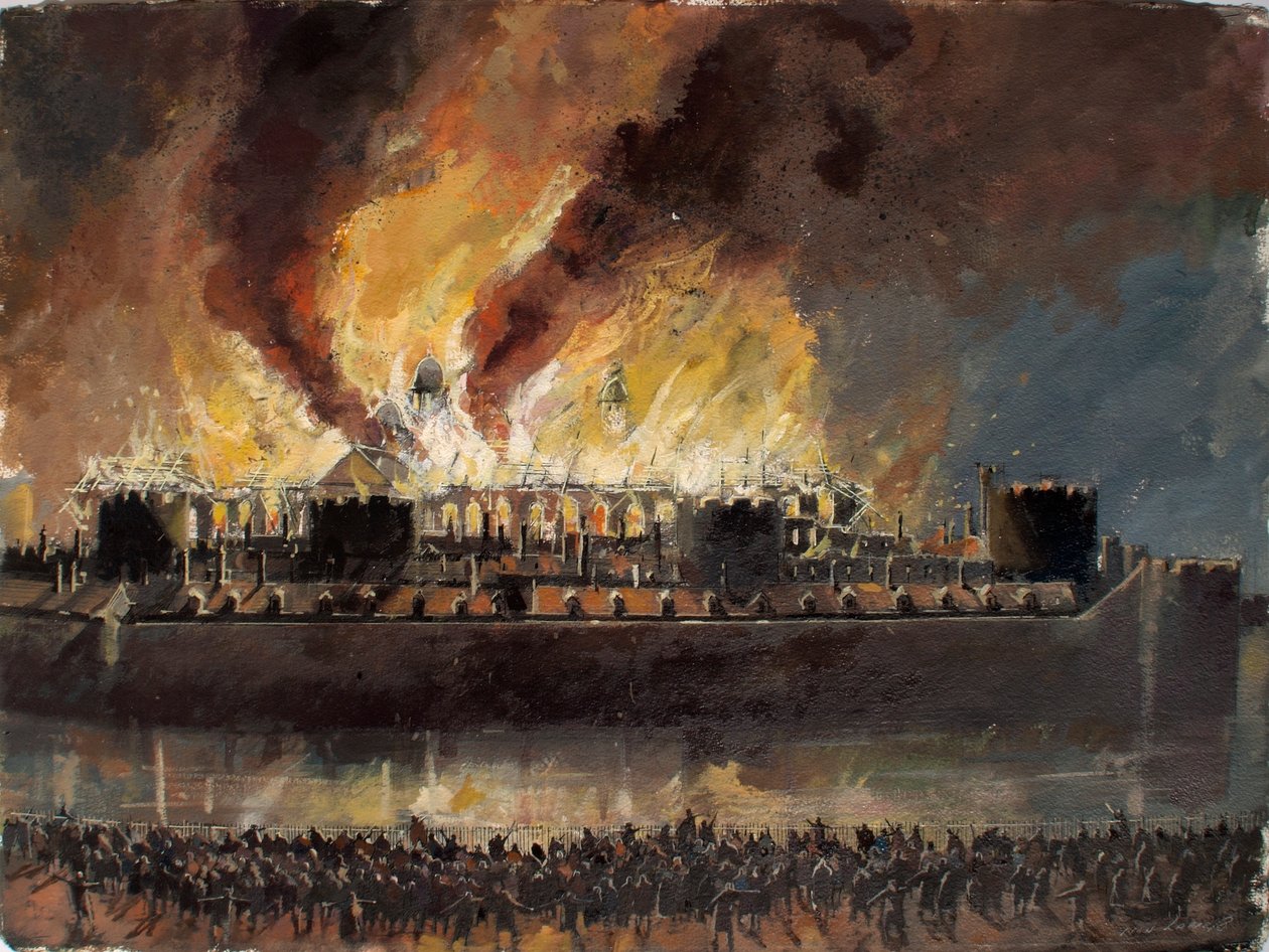 Vue reconstituée de la Tour de Londres avec le Grand Storehouse en feu en 1841 - Ivan Lapper