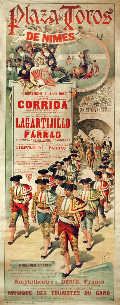 Affiche publicitaire pour une corrida à la Plaza de Toros, Nîmes, 1er août 1897, gravée par J. Ortega - J. and Pastor, E. Estellor
