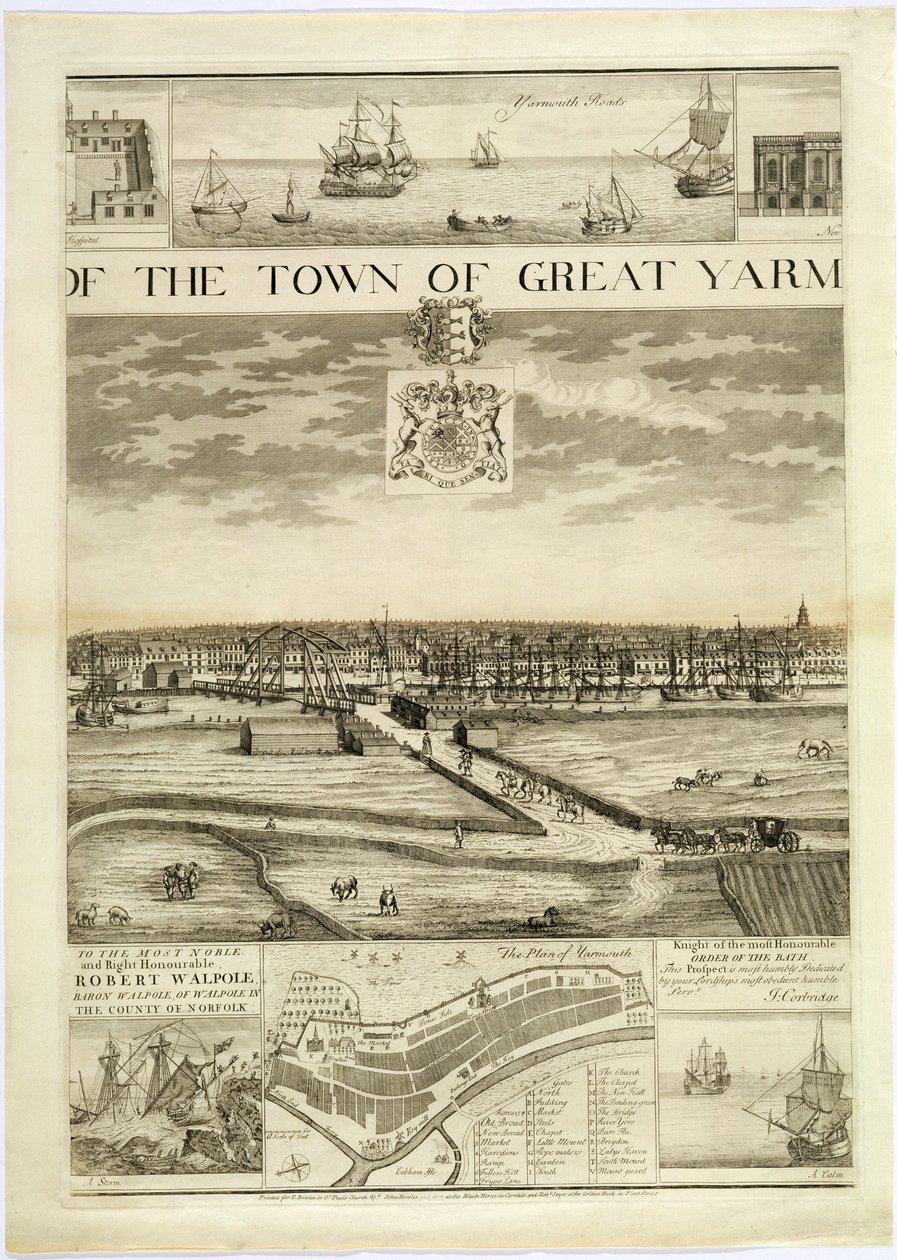 La vue ouest de la ville de Great Yarmouth dans le Norfolk, gravée par John Harris - J. Corbridge