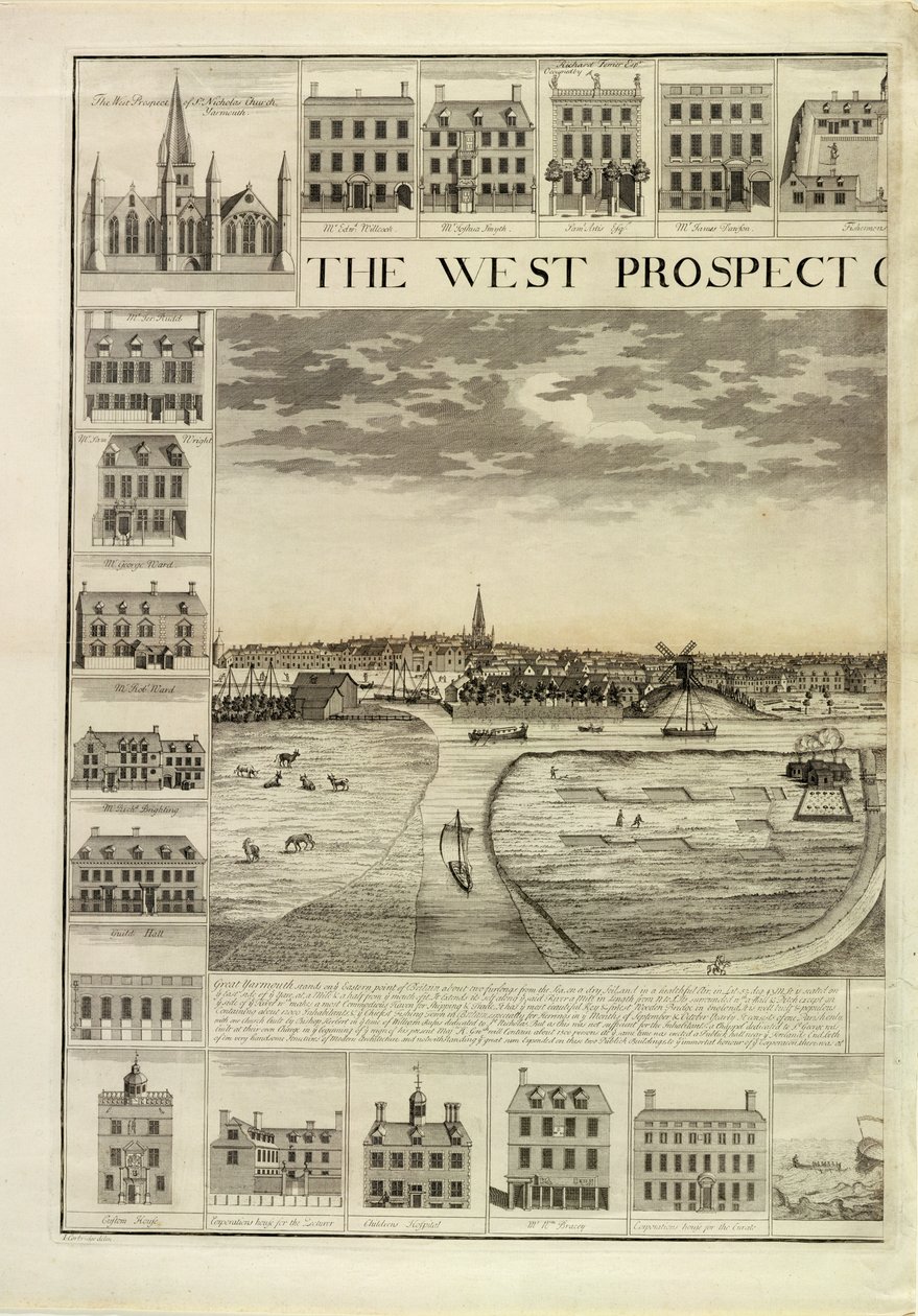 La perspective ouest de la ville de Great Yarmouth dans le Norfolk, gravée par John Harris - J. Corbridge