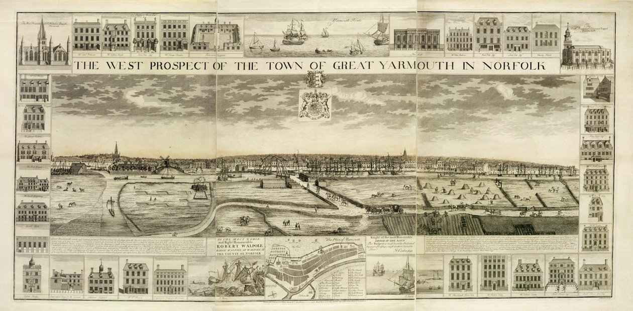 La perspective ouest de la ville de Great Yarmouth dans le Norfolk, gravée par John Harris (fl.1686-1740) - J. Corbridge