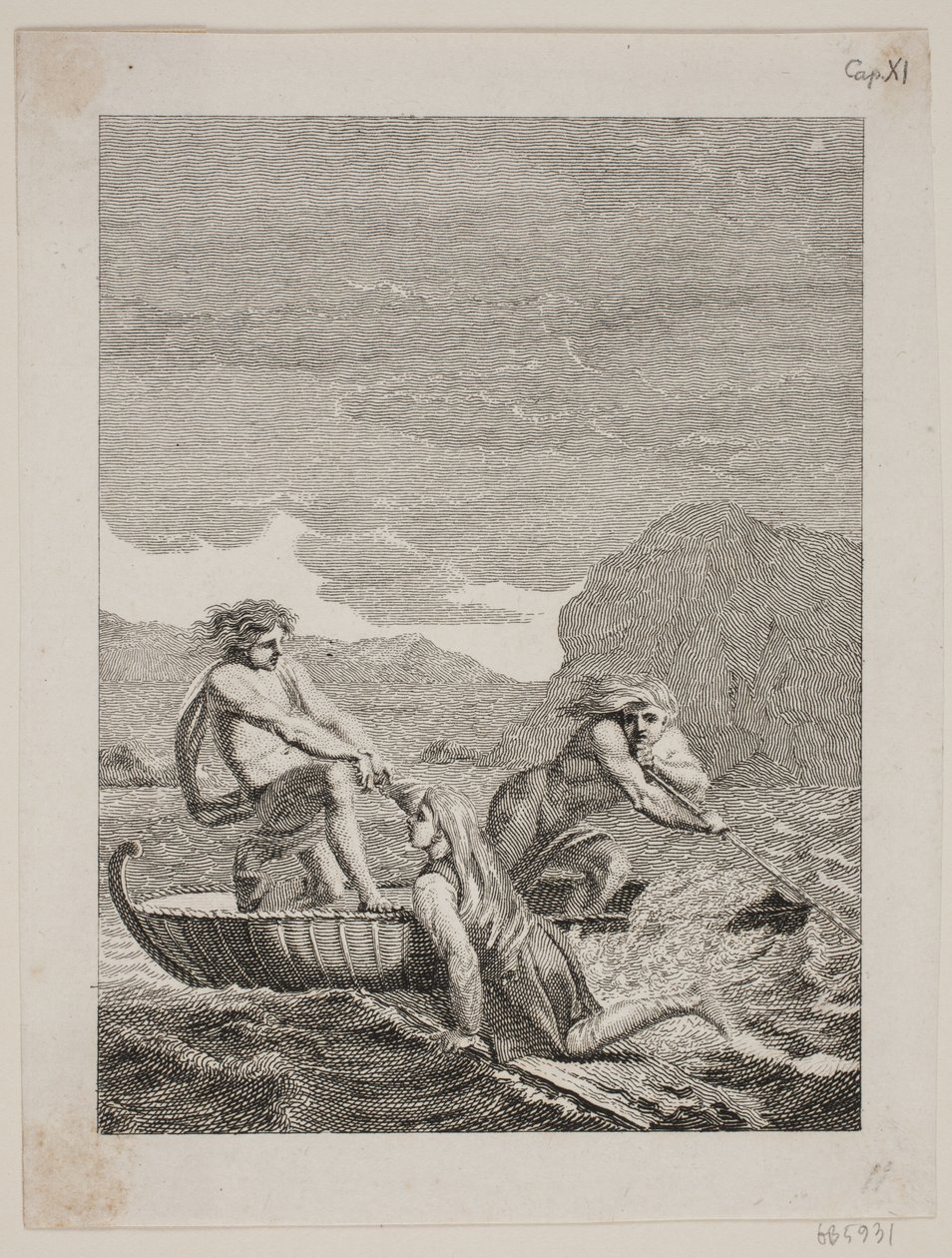 Le naufragé Niels Klim sauvé par deux Qvamites dans un bateau en osier - J.F. Clemens
