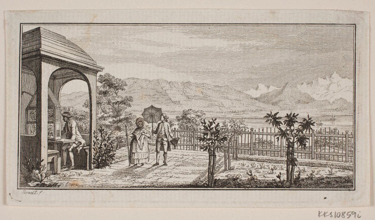 Une terrasse de jardin à Genthod avec un couple se promenant - J.F. Clemens