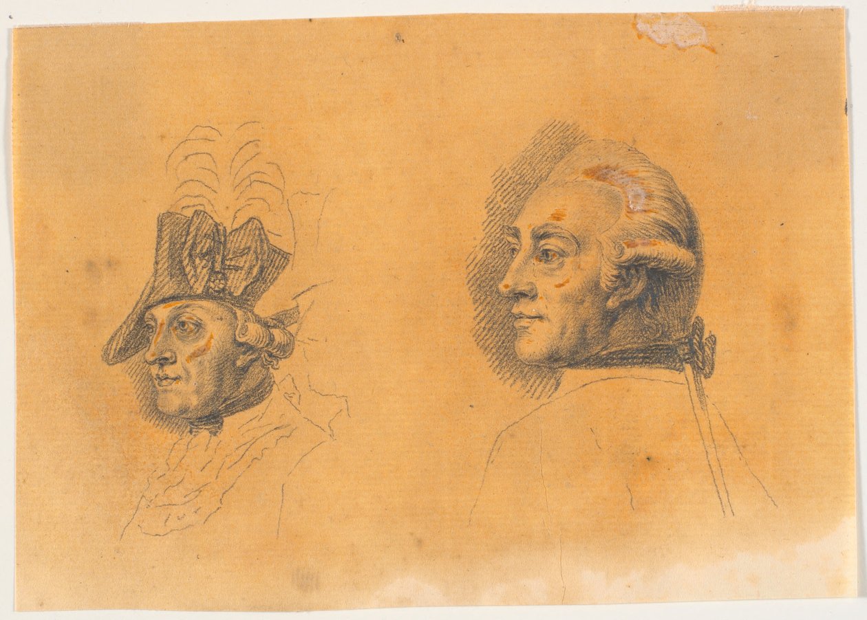Préparation pour deux des têtes de la gravure : Frédéric le Grand rentrant après une revue à Potsdam - J.F. Clemens