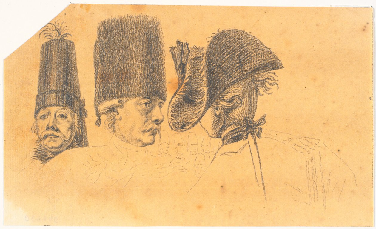 Préparation pour trois des têtes de la gravure : Frédéric le Grand rentre chez lui après une revue à Potsdam - J.F. Clemens