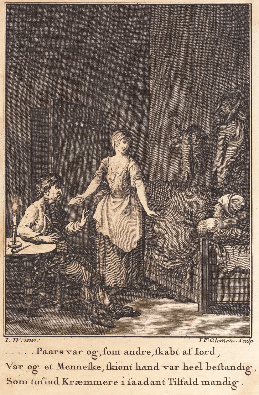 Marthe la cuisinière entre dans la pièce avec Peder Paars et Per Ruus - J.F. Clemens