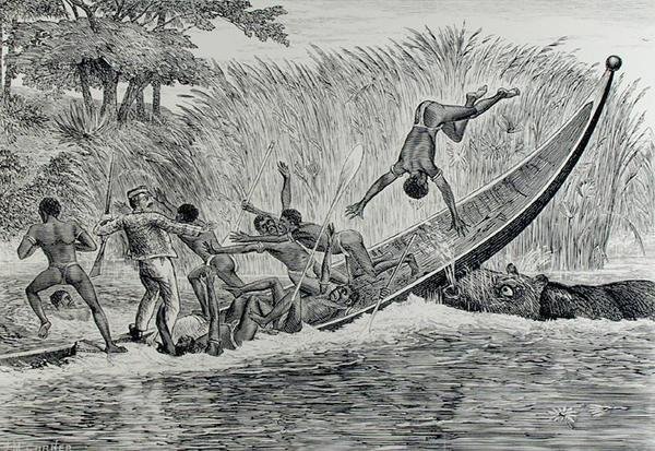 Hippopotame enragé renversant un bateau - J.M. Corner
