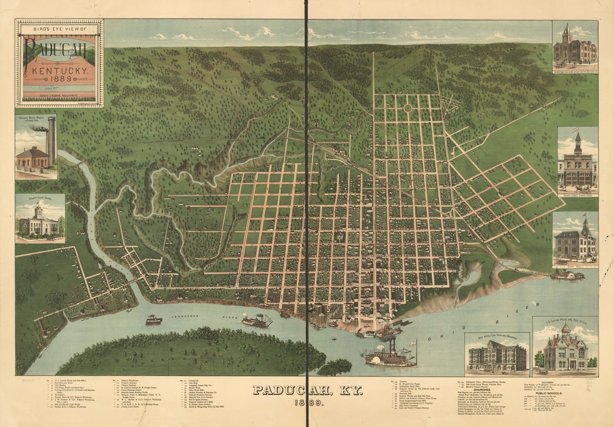 Vue aérienne de Paducah, Kentucky 1889. - J. Blanton; Krebs Lithographing Company Postlethwaite