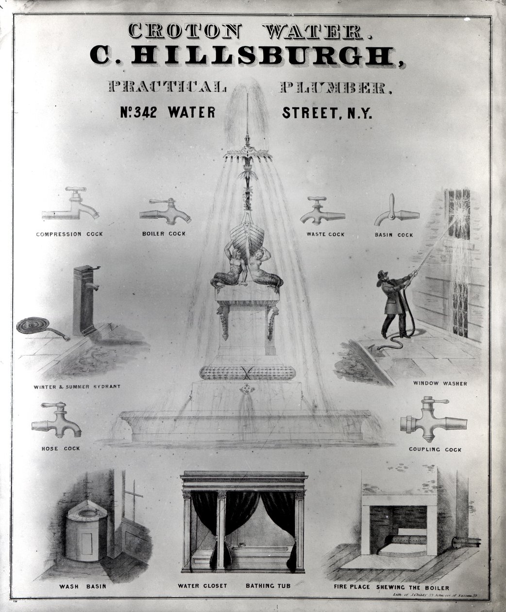 Croton Water. C. Hillsburgh, plombier pratique, no. 342 Water Street, New York, années 1840 - J. Childs