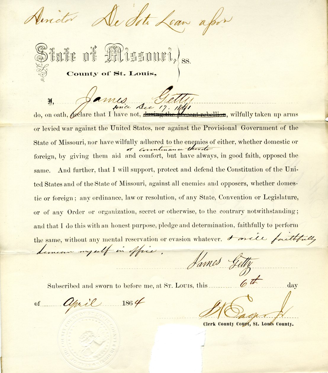 Serment de loyauté de James Getty du Missouri, comté de St. Louis - J. Getty