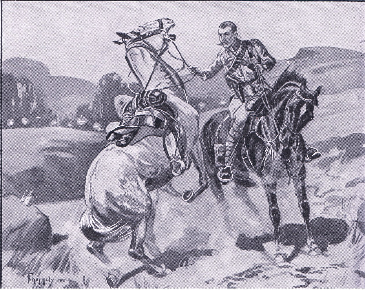 Le major Brown, 14e Hussards, tenant le cheval du lieutenant Brown sous un feu nourri, illustration de Après Pretoria : La Guerre de guérilla - J. H. Thorneley