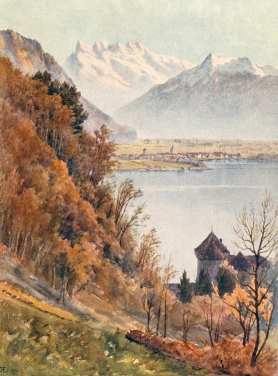 Chillon et la vallée du Rhône depuis Veytaux (lithographie couleur) - J. Hardwicke Lewis