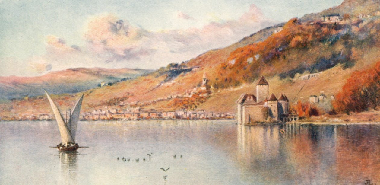 Montreux depuis le lac : Automne, JHL (lithographie couleur) - J. Hardwicke Lewis