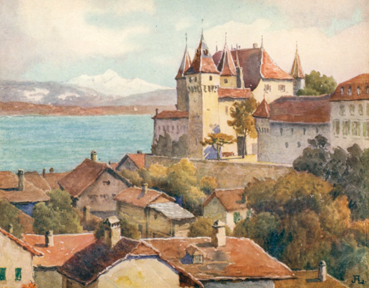 Château de Nyon, vue sur le lac et le Mont-Blanc, JHL (lithographie couleur) - J. Hardwicke Lewis