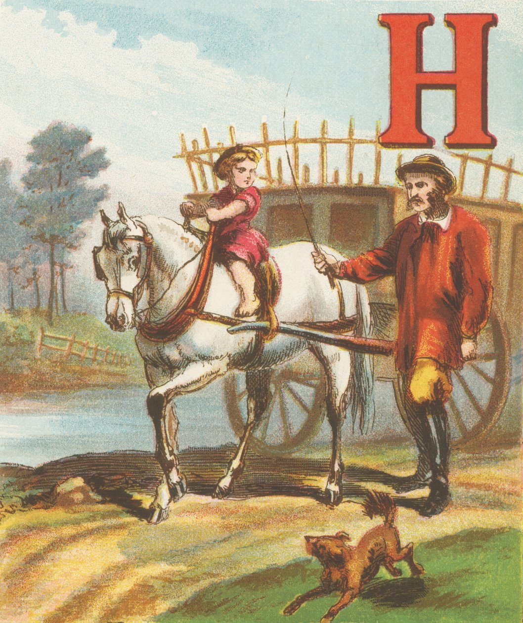 H : H est le cheval, si élégant et si fort ; Il tire la charrette de foin vers le pré - J. Howard