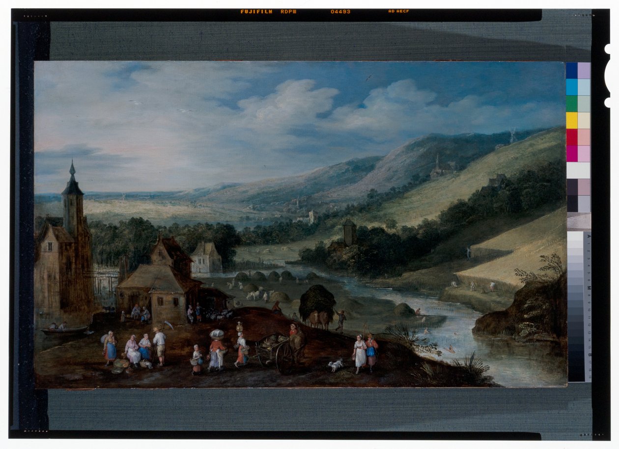 Un vaste paysage fluvial avec des paysans récoltant la moisson - J. & Momper J. de (1564-1635) Brueghel
