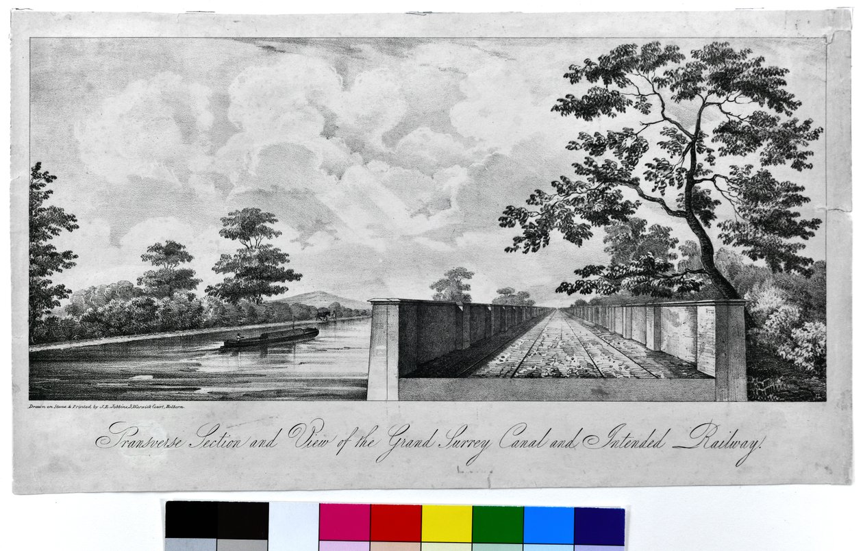 Section transversale et vue du Grand Surrey Canal et du chemin de fer prévu, c.1835 - J. R. Jobbins