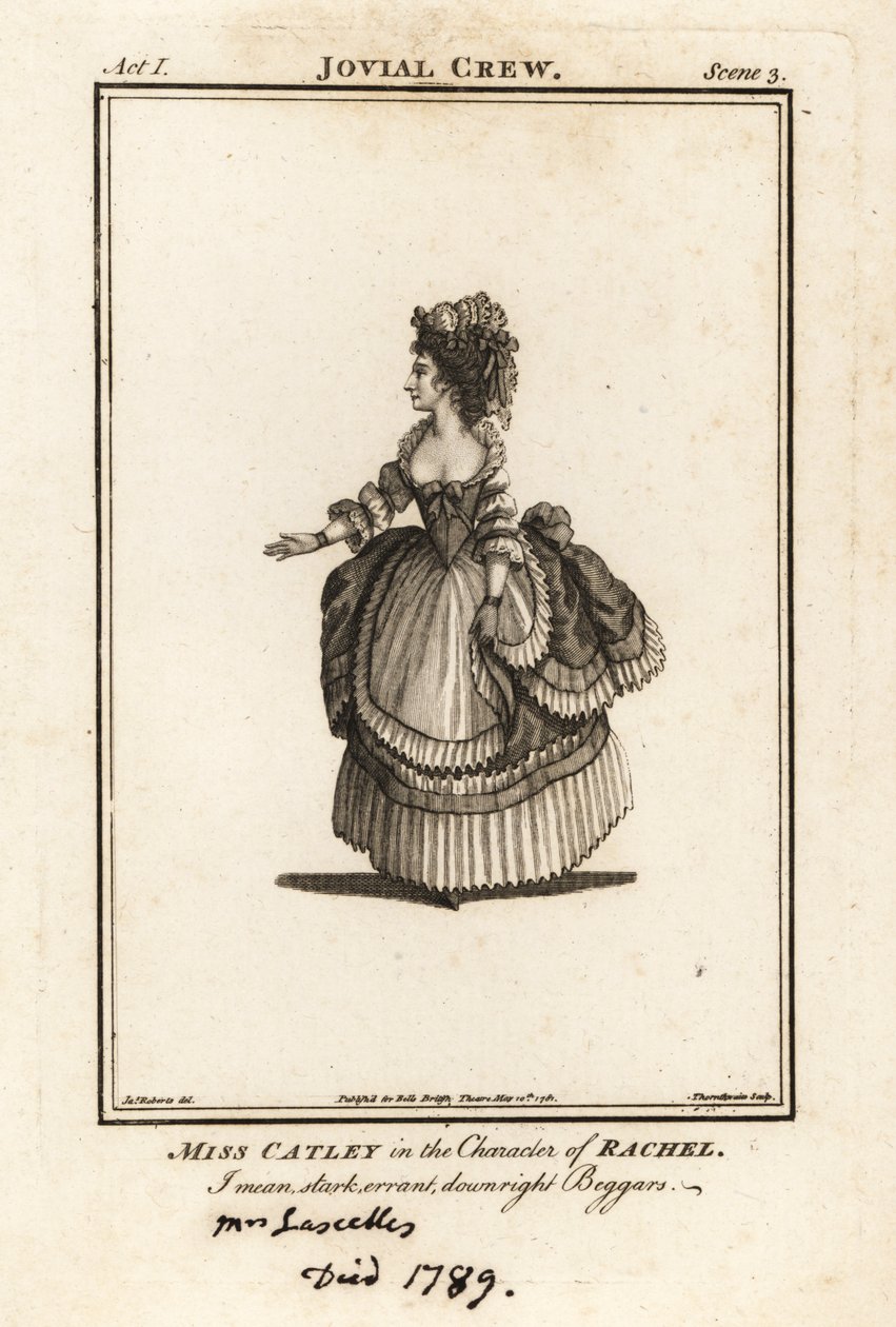 Miss Ann Catley dans le rôle de Rachel dans The Jovial Crew de Richard Brome, Covent Garden Theatre - J. Thornthwaite