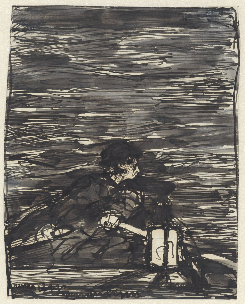 Rameur dans un bateau avec lanterne la nuit - Jac van Looij